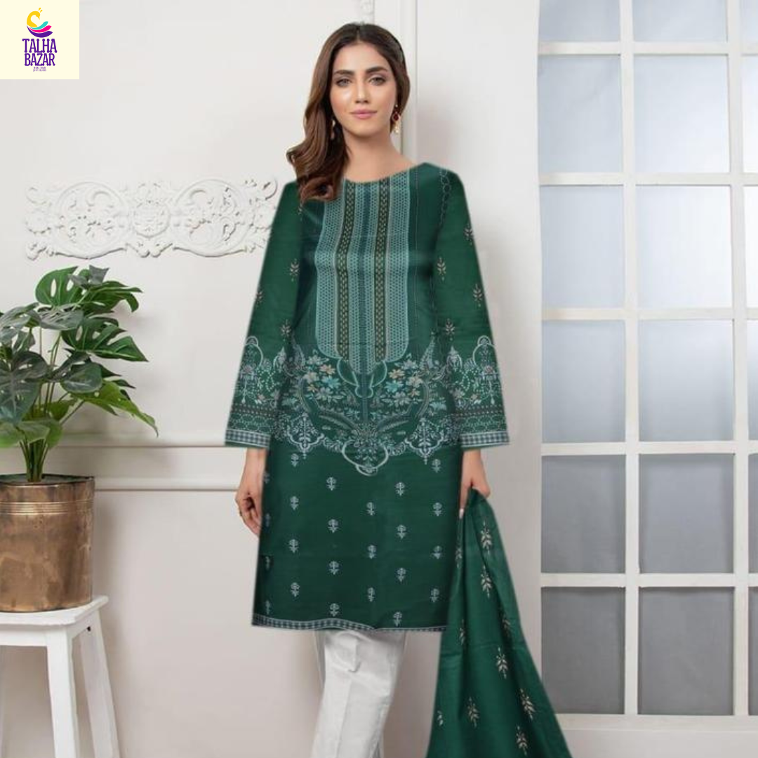 2 Pcs Women’s Unstitched Linen Printed Suit (Green)