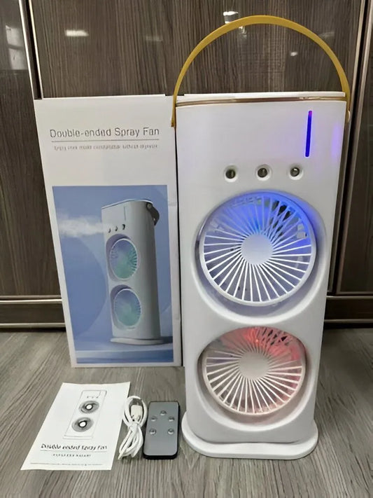 Rechargeable Automatic Rotating Dual Mist Fan with LED Light Effects (Box Packed)