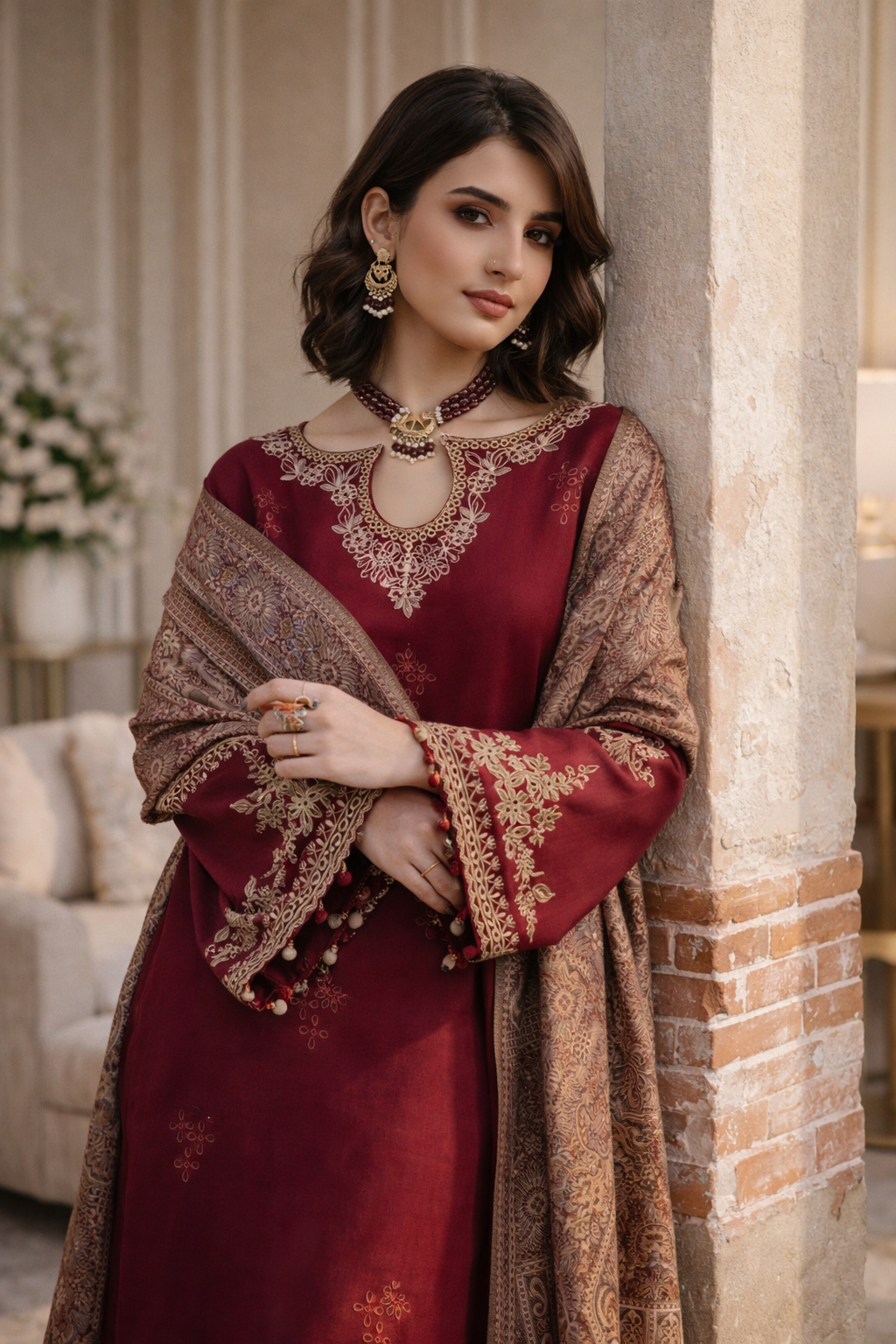 3 Pcs Women’s Unstitched Embroidered Suit – Red