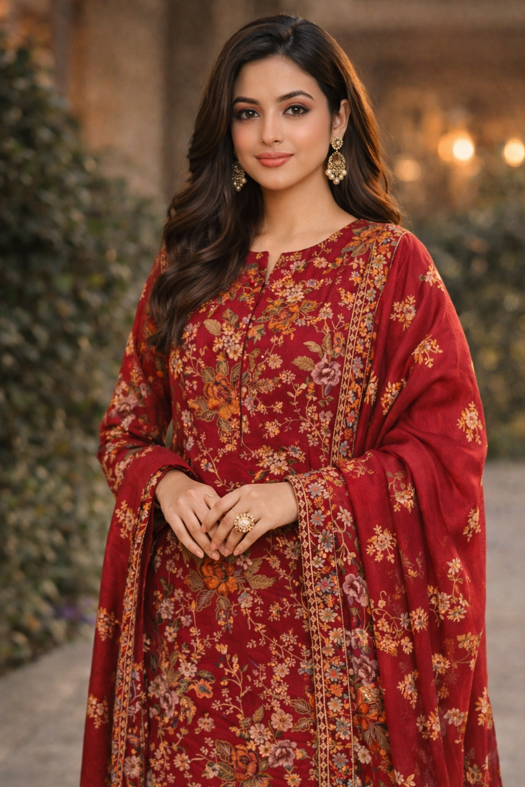 3-Piece Women’s Unstitched Embroidered Dhanak Suit with Dupatta – Red (Winter Collection)