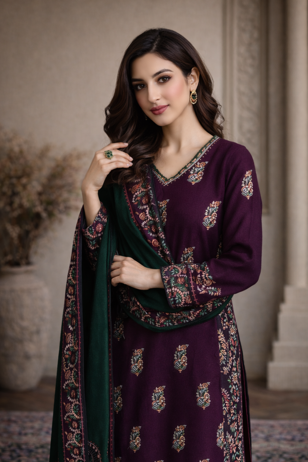 Luxury Winter Collection – 3 Pcs Women’s Unstitched Embroidered Suit (Peach Wool)