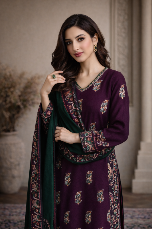 Luxury Winter Collection – 3 Pcs Women’s Unstitched Embroidered Suit (Peach Wool)