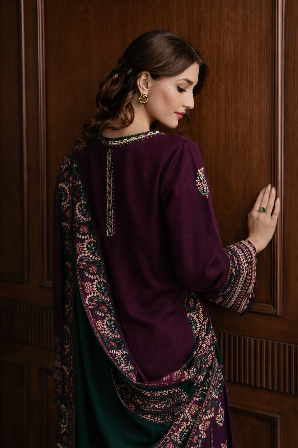 Luxury Winter Collection – 3 Pcs Women’s Unstitched Embroidered Suit (Peach Wool)