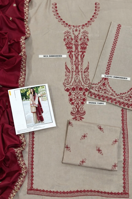 3 Pcs Women’s Unstitched Embroidered Suit – Ivory Grace