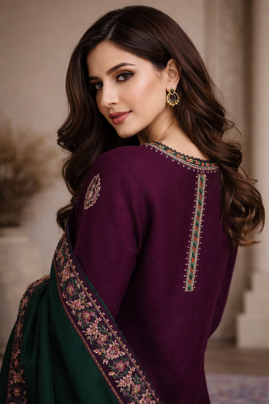 Luxury Winter Collection – 3 Pcs Women’s Unstitched Embroidered Suit (Peach Wool)