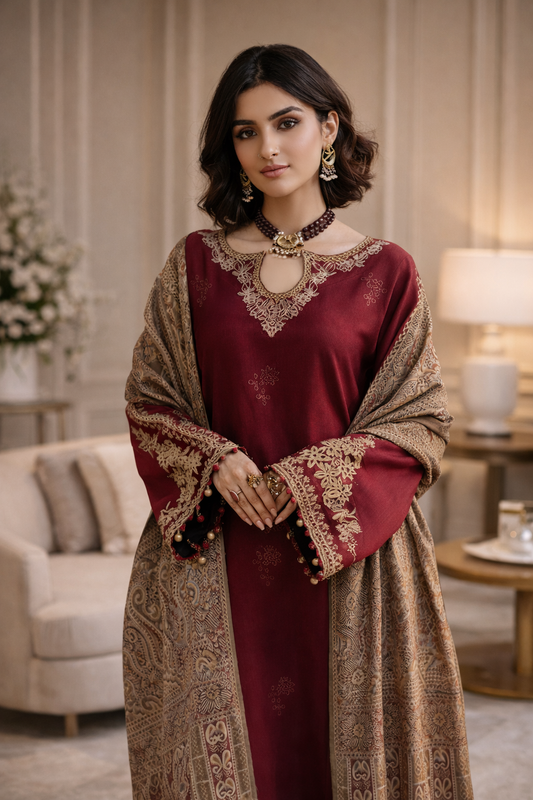 3 Pcs Women’s Unstitched Embroidered Suit – Red