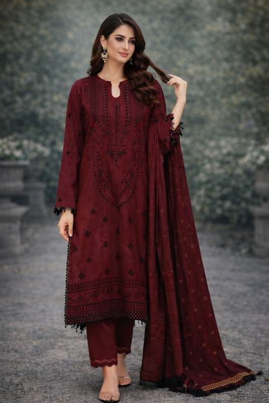 3 Pcs Women’s Unstitched Embroidered Dhanak Suit – Maroon