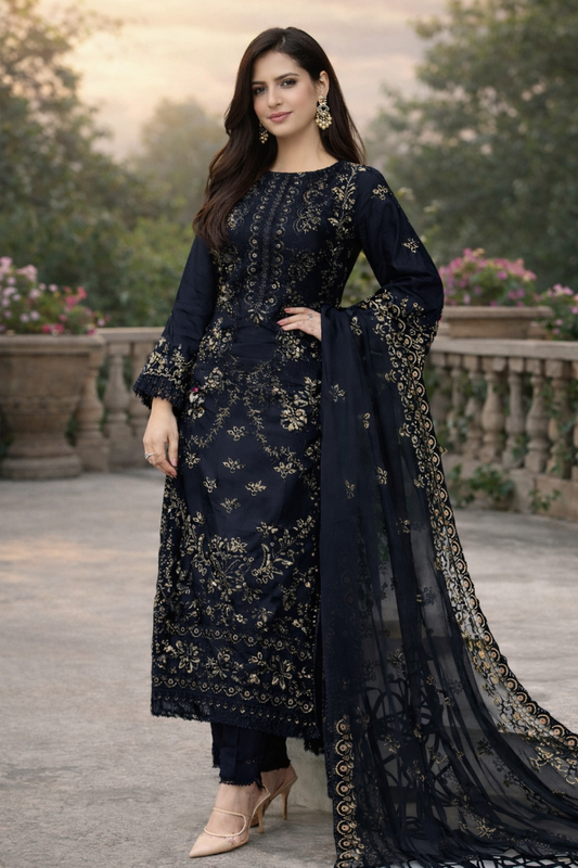 3-Piece Women’s Unstitched Embroidered Dhanak Suit with Dupatta – Blue (Winter Collection)