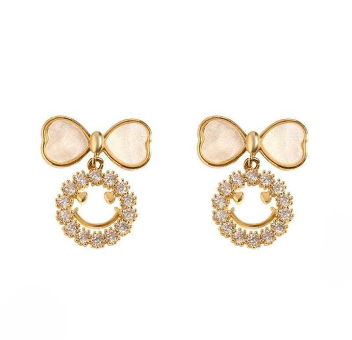 PXT-988 Smiley Face Zircon Korean Earrings – Elegant Bow & Crystal Circle Design (Golden & Silver)