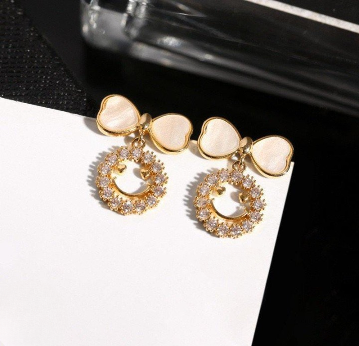 PXT-988 Smiley Face Zircon Korean Earrings – Elegant Bow & Crystal Circle Design (Golden & Silver)