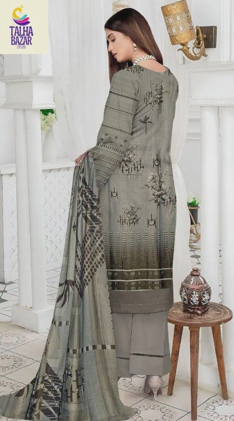 Stunning 3 Pcs Grey Embroidered Suit with Printed Trouser & Dupatta(Winter Collection)
