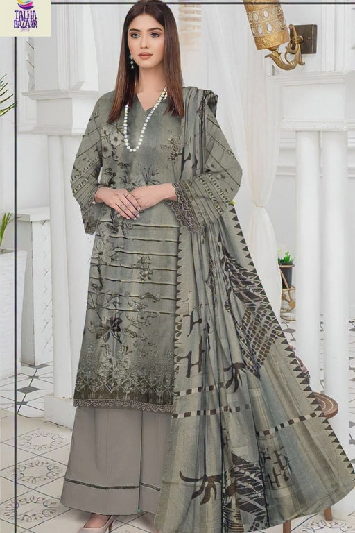 Stunning 3 Pcs Grey Embroidered Suit with Printed Trouser & Dupatta(Winter Collection)