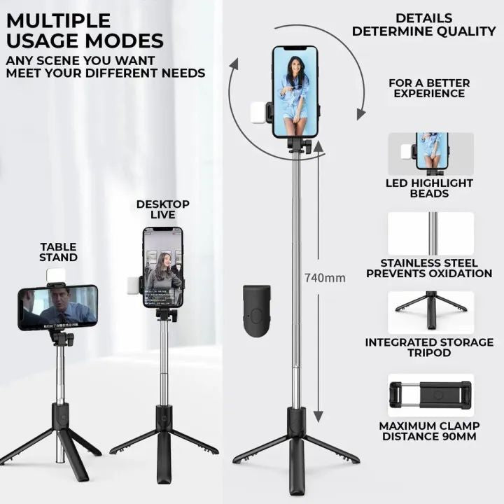 R1S Bluetooth Selfie Stick with Remote & Selfie Light – 3-in-1 Multifunctional Tripod Stand
