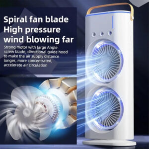 Rechargeable Automatic Rotating Dual Mist Fan with LED Light Effects (Box Packed)