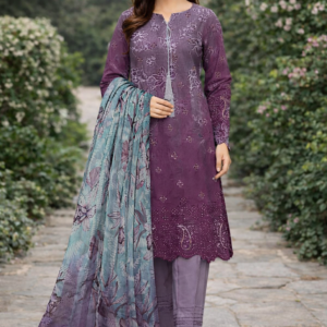 Elegant Purple Linen Suit with Chikankari Embroidered Accents