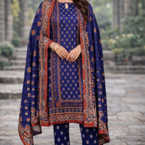 3 Pcs Women’s Unstitched Khaddar Printed Suit – Blue