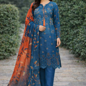 Elegant Blue Linen Embroidered Suit with Chikankari Sleeves and Embellished Dupatta