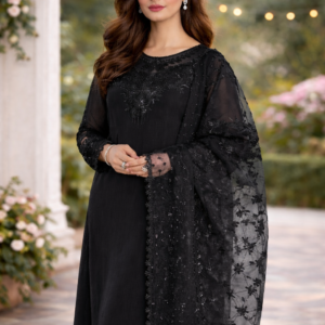 Black Chiffon Patch Work Suit – 3 Pcs (With Inner)