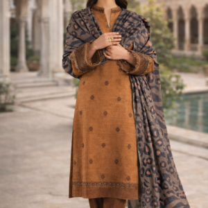 3 Pcs Women’s Unstitched Embroidered Suit – Brown