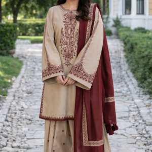 Multicolor Printed Suit Set with Embroidered Neckline – 3 Pcs