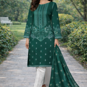 2 Pcs Women’s Unstitched Linen Printed Suit (Green)