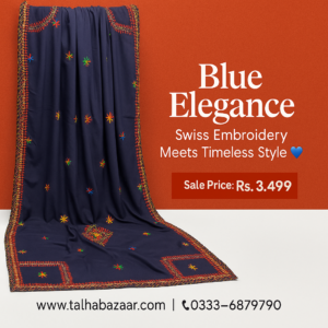 💙 Women’s Swiss Embroidered Border Shawl – Blue