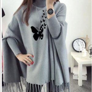 Women’s Polyester Butterfly Printed Poncho Cape Shawl