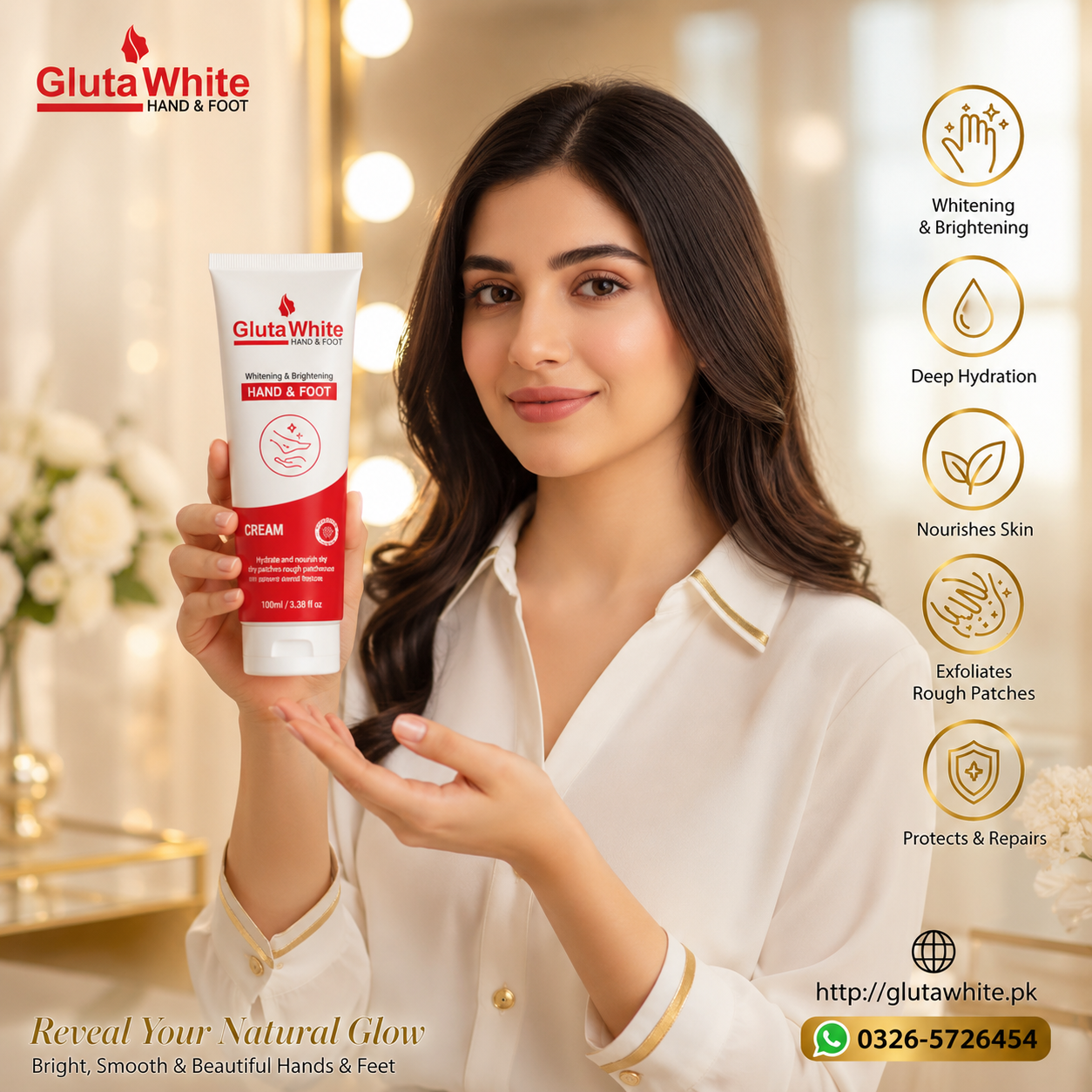 Pakistani Model Holding Gluta White Hand & Foot Whitening Cream for Brightening and Deep Hydration