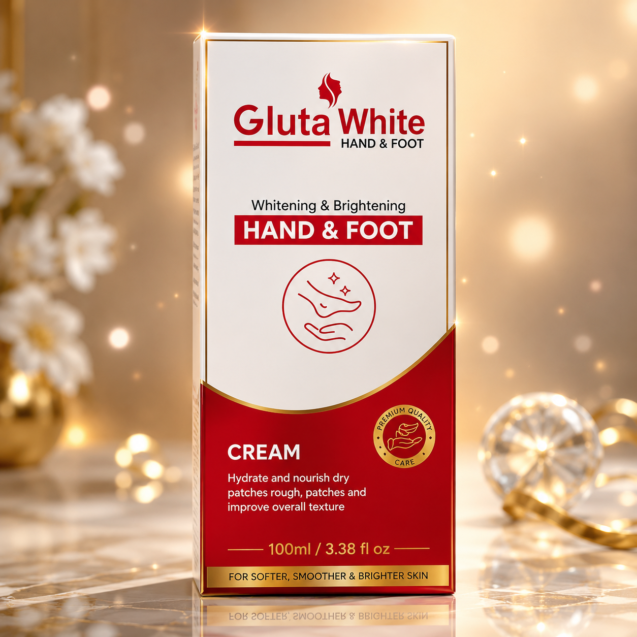 Gluta White Hand & Foot Whitening Cream Premium Brightening and Moisturizing Cream with Luxury Gold Packaging
