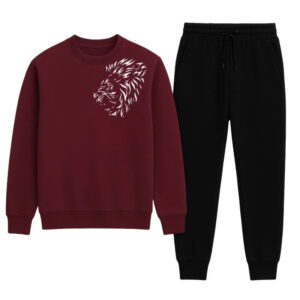 LION Printed Maroon Tracksuit Sweatshirt & Trouser | Warm & Comfortable Winter Wear | Large