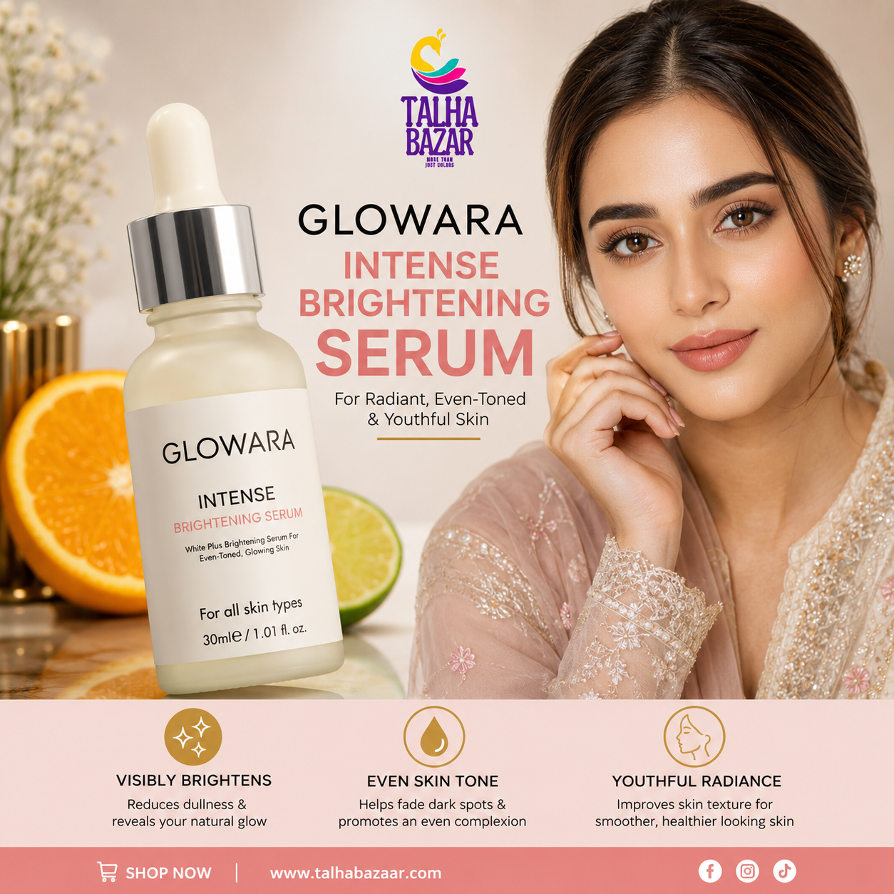 Before and after using Glowara Intense Brightening Serum, dark spots appear lighter and skin tone looks more even.
