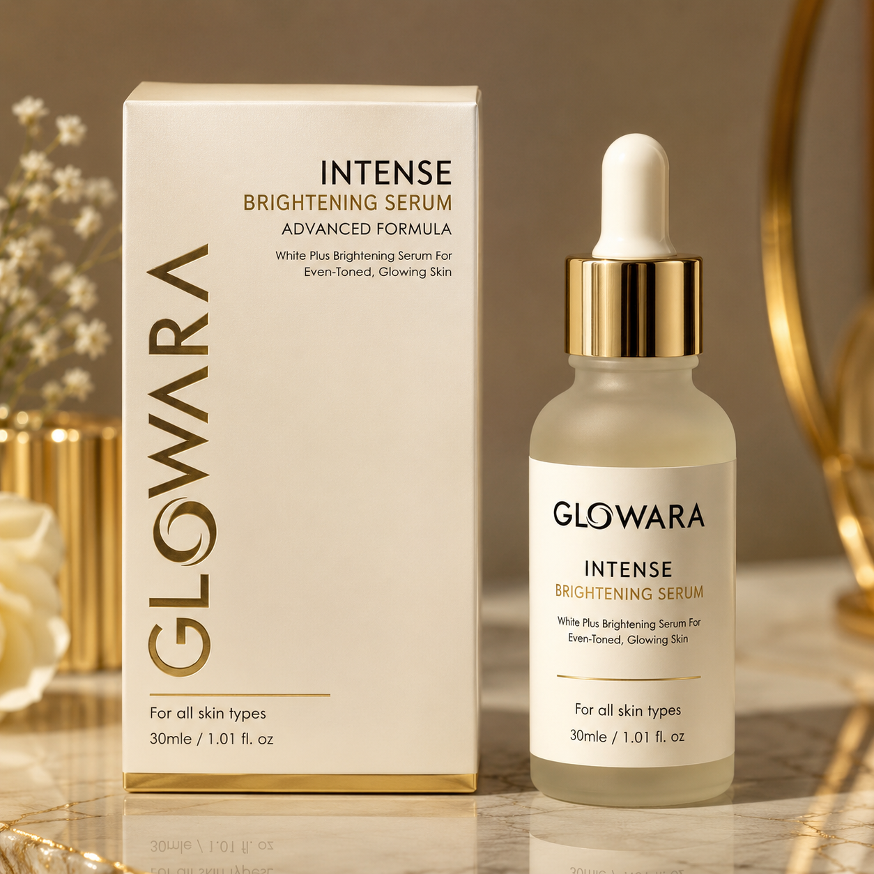 Dropper of Glowara Intense Brightening Serum showing lightweight, fast-absorbing texture
