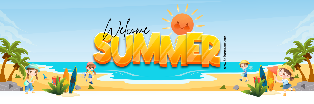 Talha Bazaar Welcome Summer sale banner with beach and palm trees