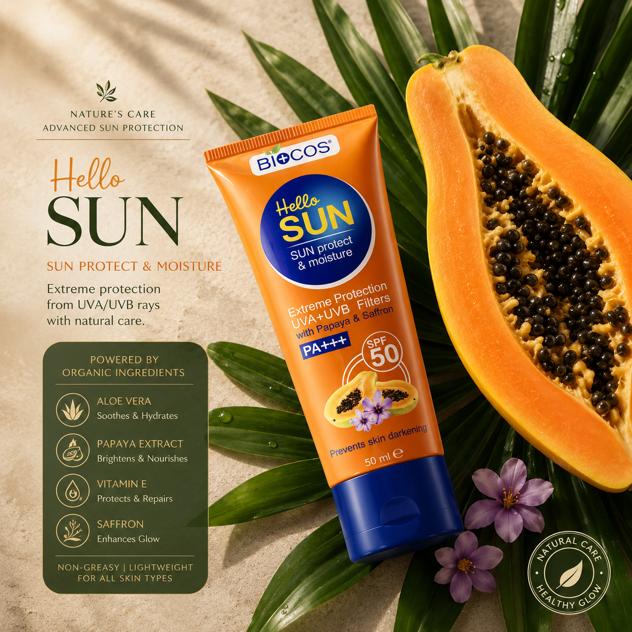 BioCOS Hello SUN SPF 50 Sunscreen with Papaya and Saffron Ingredients