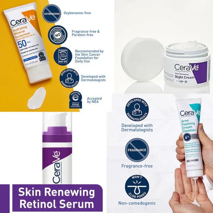 CeraVe Retinol Serum Cleanser Sunscreen and Night Cream Combo