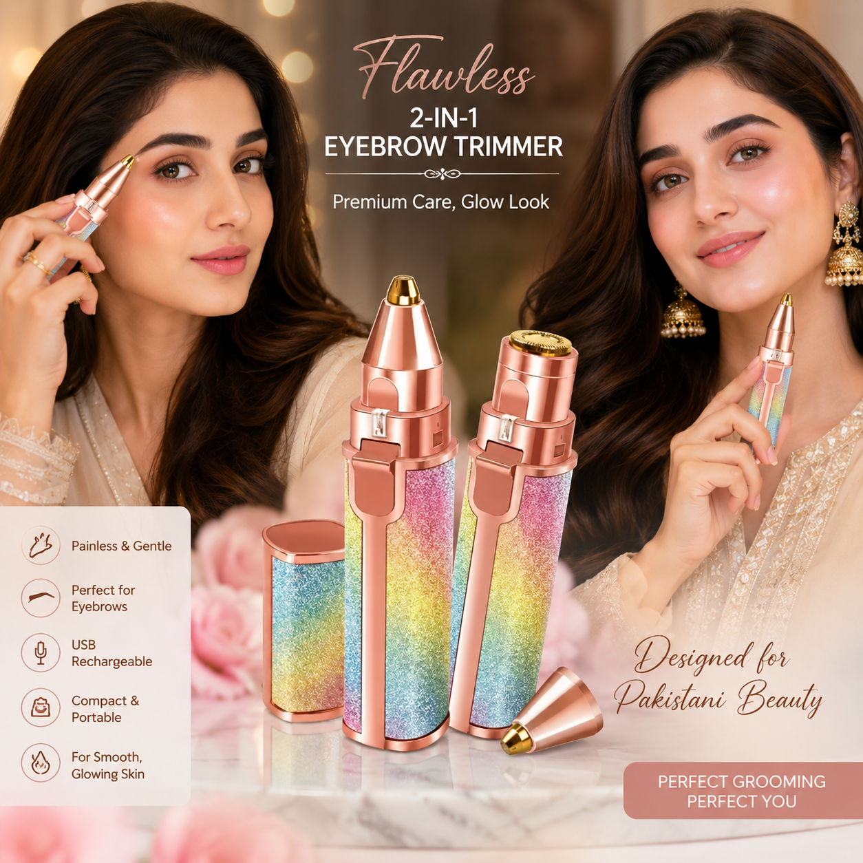 Flawless 2-in-1 Eyebrow Trimmer USB Rechargeable Hair Remover for Women