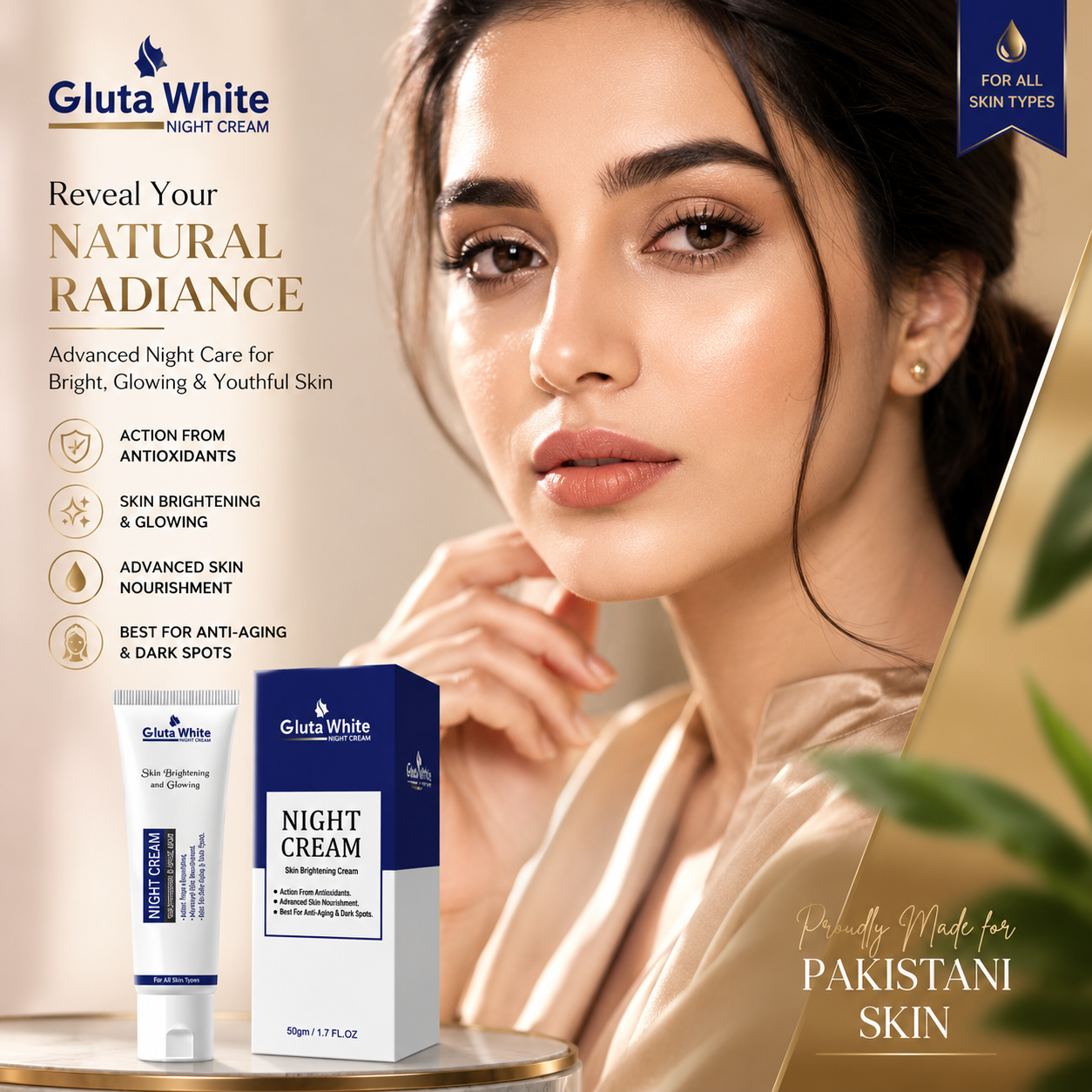 Gluta White Night Cream skin brightening and glowing night skincare cream with advanced nourishment