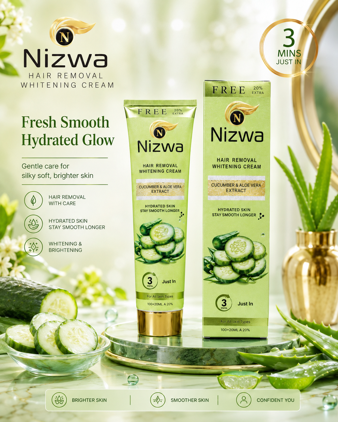 Nizwa Hair Removal Whitening Cream Cucumber and Aloe Vera variant for smooth hydrated skin
