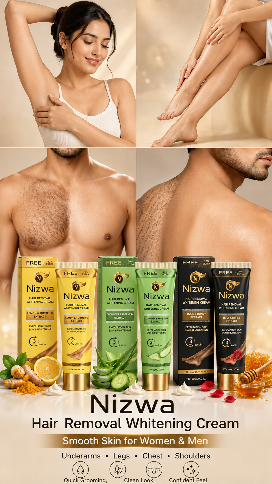 Nizwa Hair Removal Whitening Cream for underarms legs chest and shoulders smooth skin