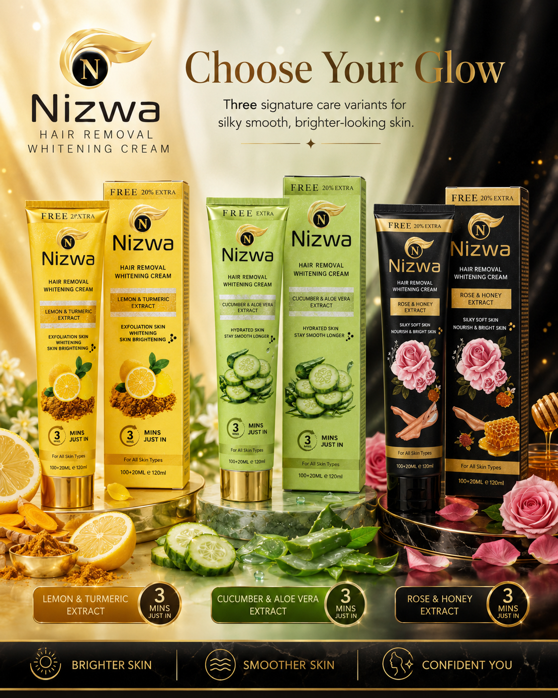 Nizwa Hair Removal Whitening Cream lemon cucumber and rose variants for smooth brighter-looking skin
