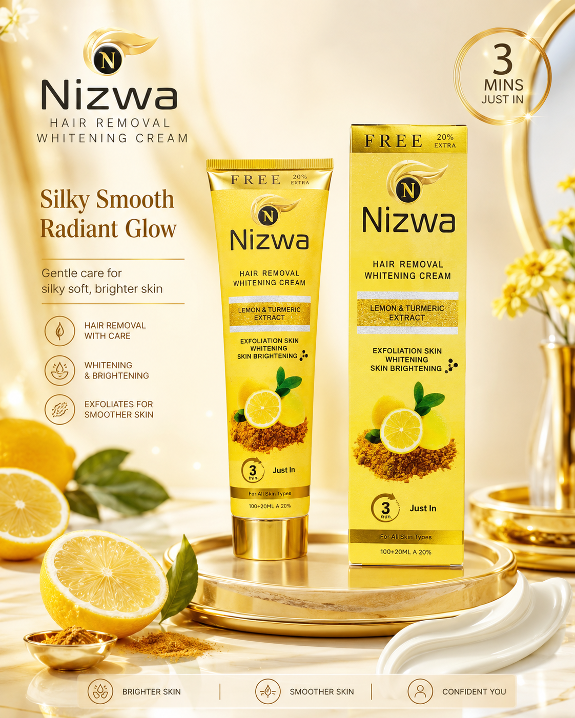 Nizwa Hair Removal Whitening Cream Lemon and Turmeric variant for smooth brighter-looking skin
