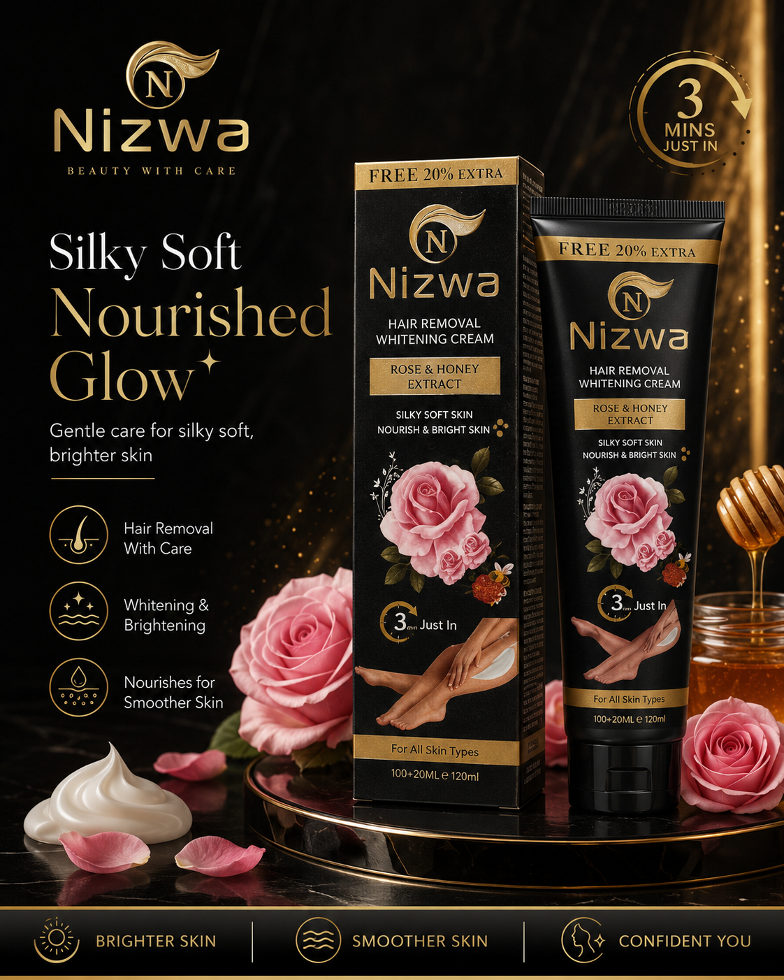 Nizwa Hair Removal Whitening Cream Rose and Honey variant for smooth nourished skin