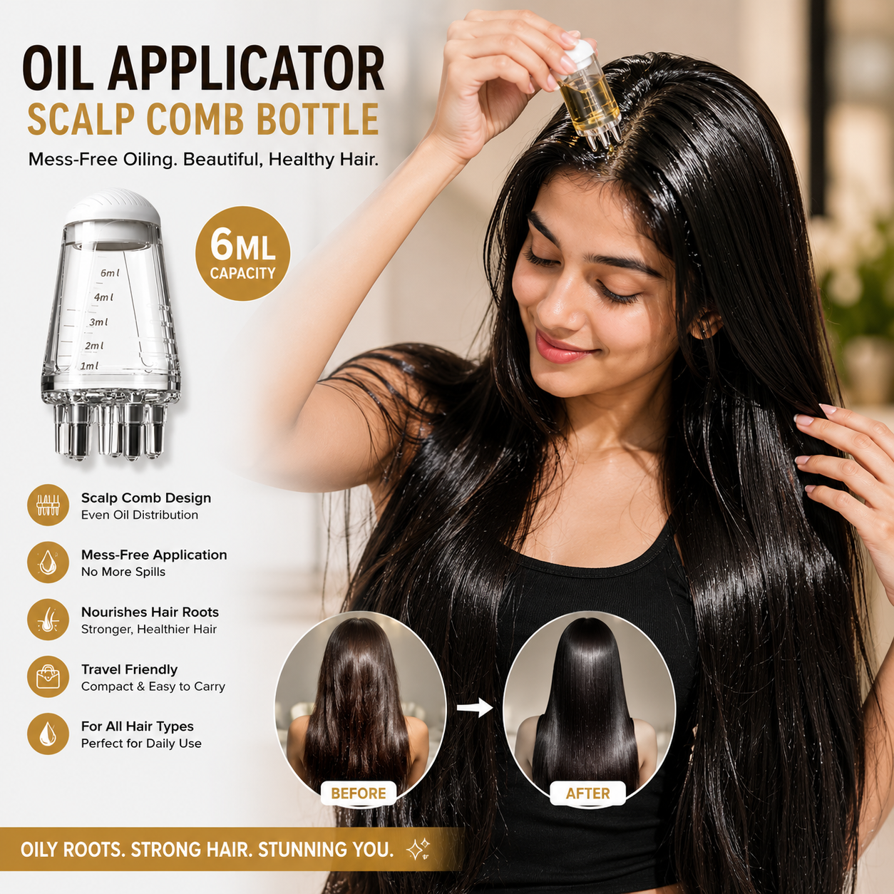 Young woman using Oil Applicator Scalp Comb Bottle for smooth and healthy hair