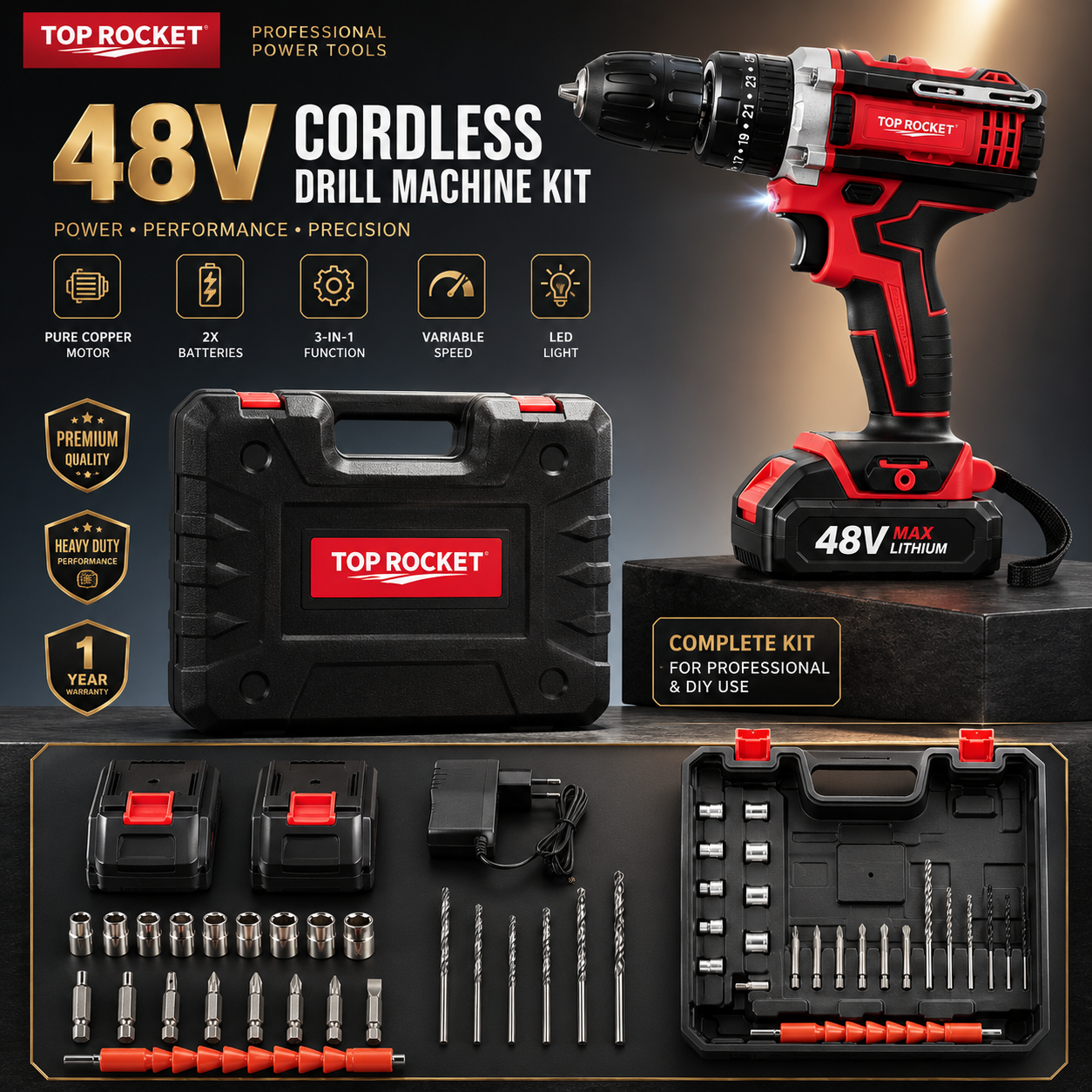 48V Cordless Rechargeable Drill Left Angle View