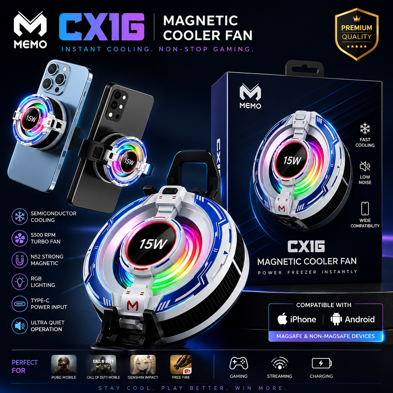 MEMO CX16 Magnetic Mobile Cooling Fan Front View