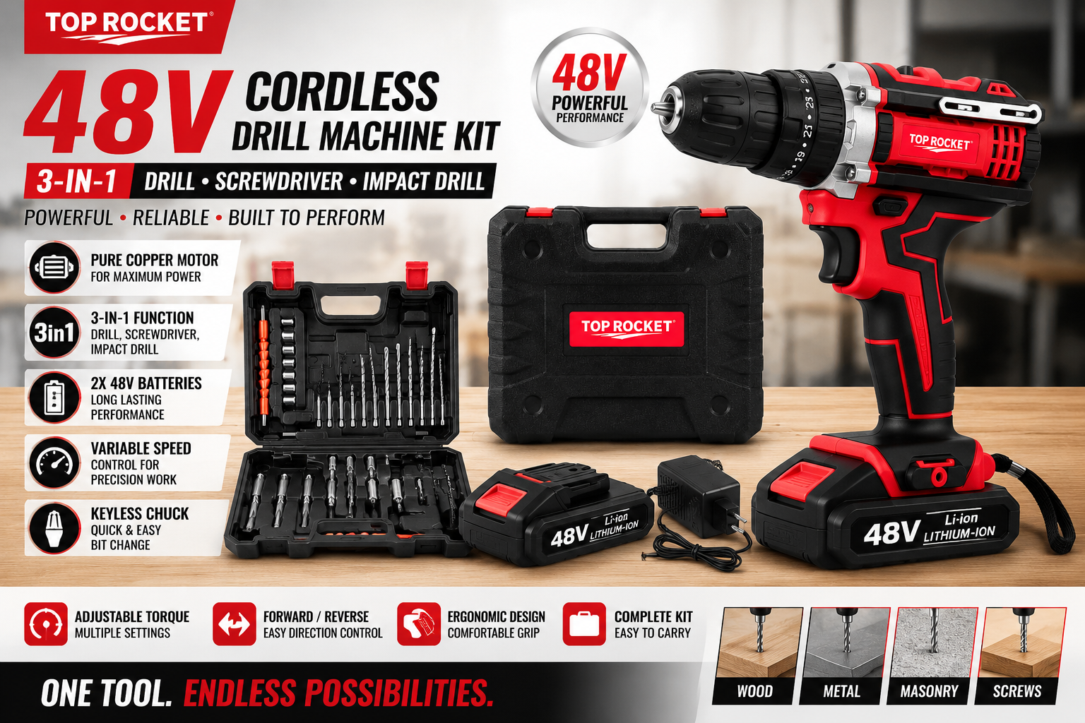 TOP ROCKET 48V Cordless Rechargeable Drill Machine Kit with