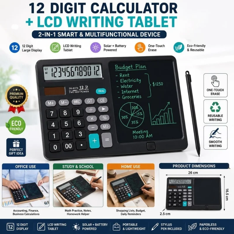 calculator with writing tablet solar battery power
