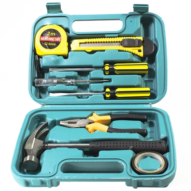 Portable DIY tool set arranged inside compact plastic carrying box