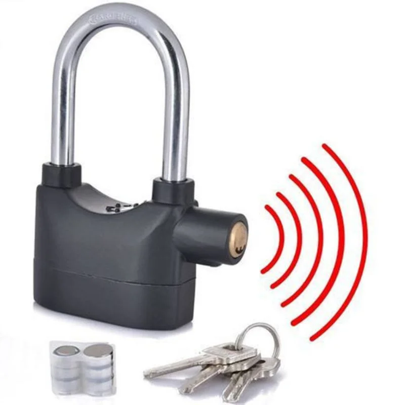 Black anti-theft alarm padlock angle view