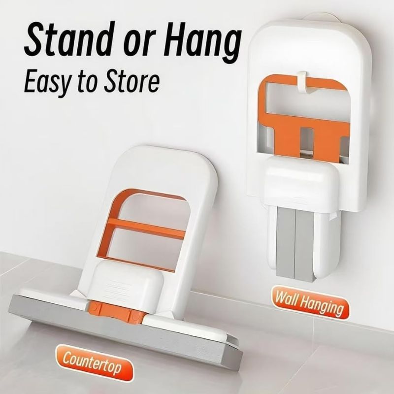 Foldable mini sponge mop displayed standing on a countertop and hanging on a wall